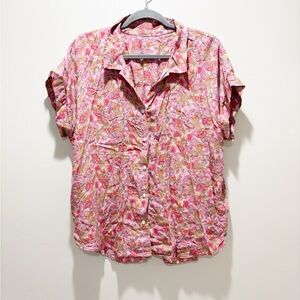 LUCKY BRAND Floral Pink Women's Top Button Up Modal Short Sleeve Size Large